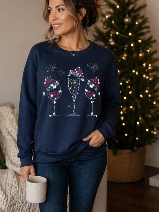 None Tops - Christmas Cheers Black Holiday Sweatshirt – Festive Wine Graphic – Size Large
